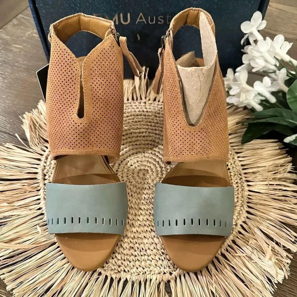 EMU Australia Sarabah Womens Cow Tan Teal Leather Perforated Sandals sz 8.5 NEW